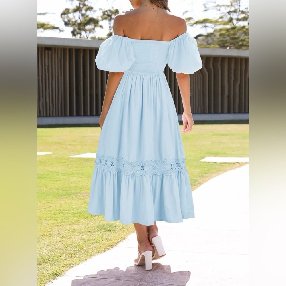 Chic Off-Shoulder Light Blue Maxi Dress - Picture 3 of 4